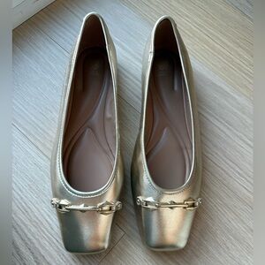 Gold Women's Square-Toe Ballet Flats with Chain Accent